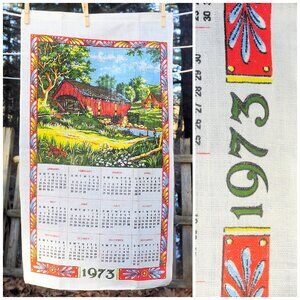 VTG 1973 Linen Calendar Towel Red Covered Bridge in Summer Birthday Housewarming